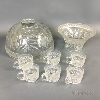 Colorless Glass Punch Bowl on Stand and Six Cups