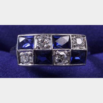 Art Deco Platinum, Diamond and Synthetic Sapphire Ring