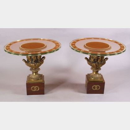 Pair of Empire Revival Gilt and Patinated Bronze Urn-form Glass-top Tables