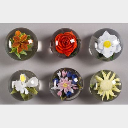 Six Rick Ayotte Floral Glass Paperweights