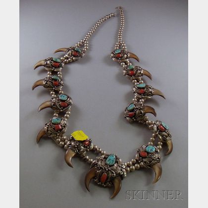 American Indian Sterling Silver Bear Claw and Turquoise Necklace