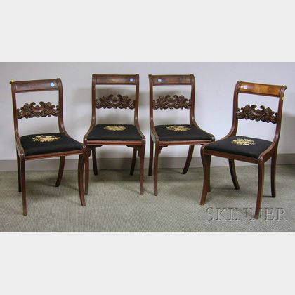 Set of Four Classical Carved Mahogany Side Chairs with Needlepoint Upholstered Slip Seats. 