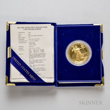 1986 $50 Proof Gold Eagle. Estimate $1,000-1,200