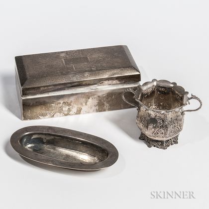 Small Sterling Silver Tray, Continental Silver Two-handled Cups, and a Wood-lined Silver Box
