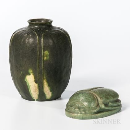 Grueby Pottery Scarab Paperweight and Vase