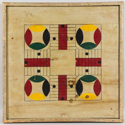 Large Gray-painted and Polychrome Decorated Parcheesi Game Board