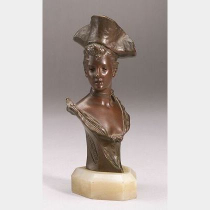 Georges Van Der Straeten (French/Belgian, b. 1856) Theresa/ Small Bronze Bust of a Beauty in a Tricorn Hat