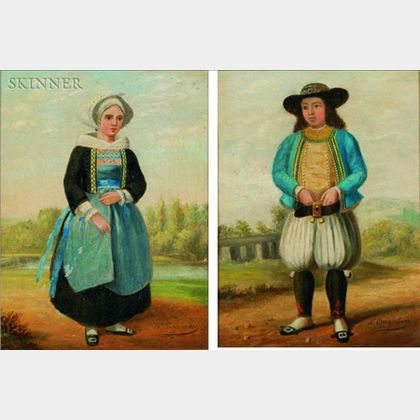 French School, 19th Century Pair of Portraits of Peasants in the Countryside