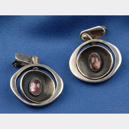 Silver and Rose Quartz Earclips, attributed to Sam Kramer