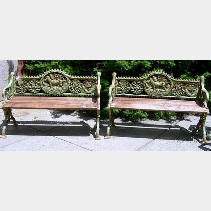 Pair of Green-painted Cast Iron Retriever and Floral Decorated Garden Seats with Wooden Slat Seats