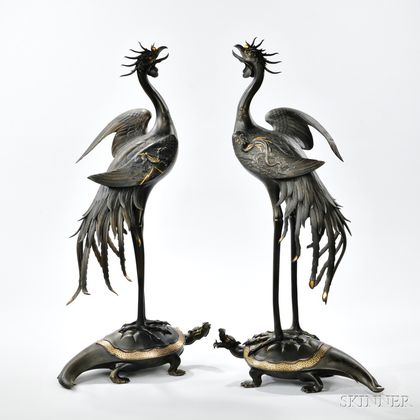 Pair of Parcel-gilt Bronze Phoenixes