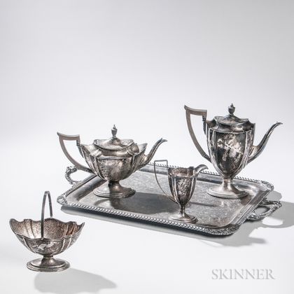 Edward VII Four-piece Sterling Silver Tea and Coffee Service with Associated Silver-plate Tray