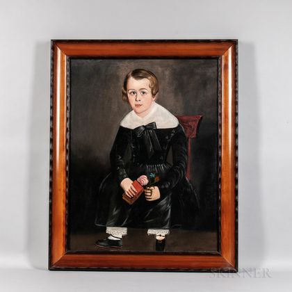 American School, Mid-19th Century Portrait of a Boy in Black Holding a Flower and a Book