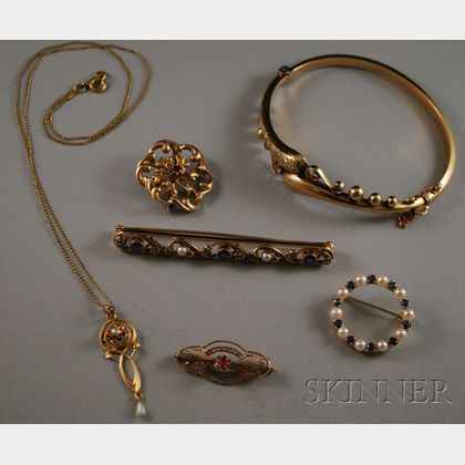 Small Group of Gold Gem-set Art Nouveau Jewelry