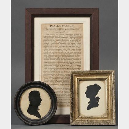 Two Peale's Museum Silhouettes and a Framed Peale's Museum Broadside