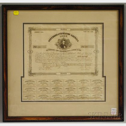 Framed 1863 Confederate States of America Fifty Dollar Loan Bond. 
