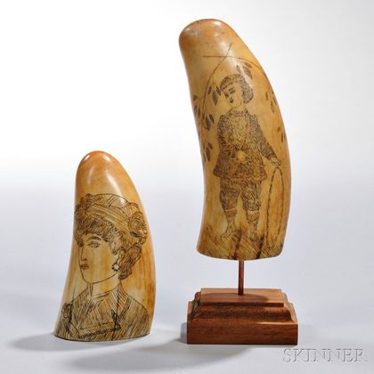 Two Scrimshaw-decorated Whale's Teeth
