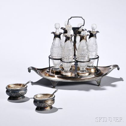 George III Sterling Silver Cruet Stand and Two French .950 Silver Salt Cellars