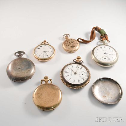 Six Assorted 14kt Gold, Gold-filled, and Silver Pocket Watches. Estimate $200-300