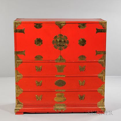 Red Lacquered Wood Chest