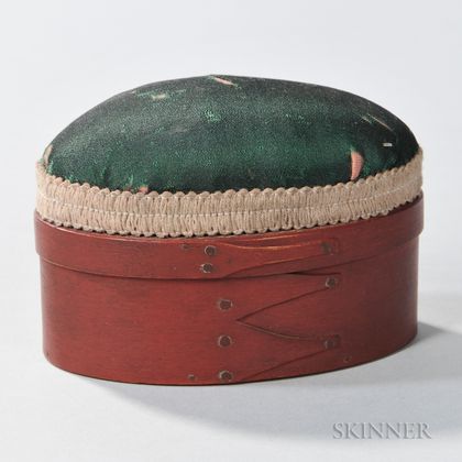 Small Shaker Red-painted Sewing Box with Green Silk Pincushion