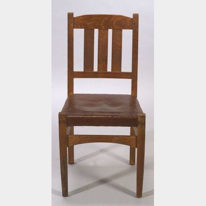 , Arts & Crafts, Oak side chair, Shaped crest rail over three vertical slats, slip seat, arched seat rail, single side and rear stretch