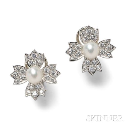 Platinum, Cultured Pearl, and Diamond Flower Earclips, Tiffany & Co.