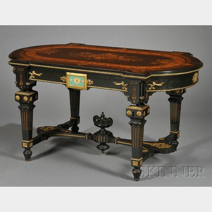 American Renaissance Revival Part-gilded and Ebonized, Marquetry and Gilt-bronze mo unted Library Table