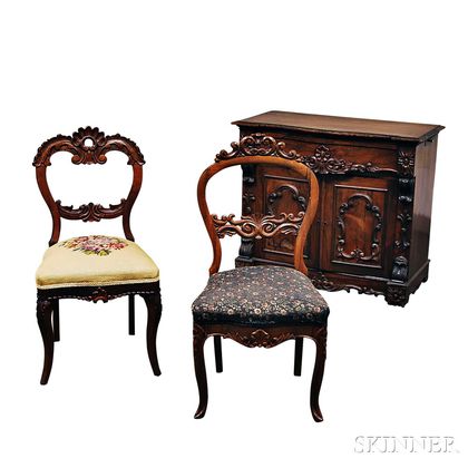 Victorian Rococo Revival Rosewood Cabinet and Two Victorian Rococo Revival Mahogany Side Chairs