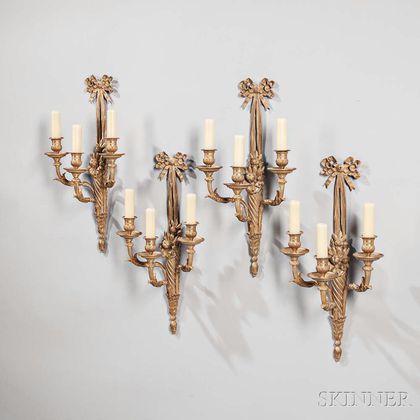 Set of Four Louis XVI-style Gilt-bronze Three-light Sconces
