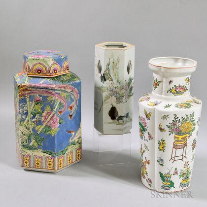 Two Asian Ceramic Vases and a Covered Hexagonal Jar
