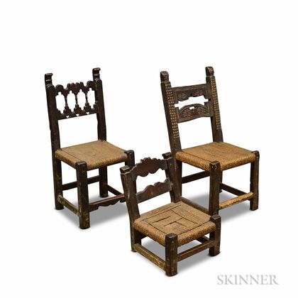 Three Spanish Carved Oak Woven-seat Side Chairs