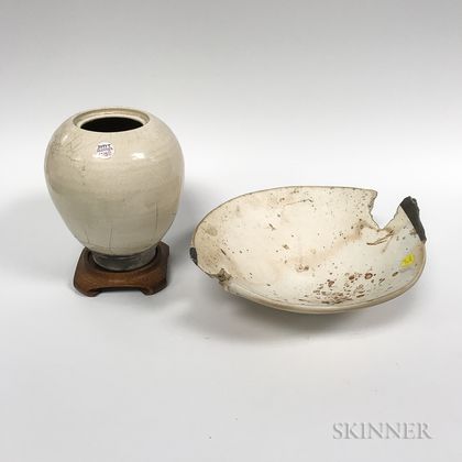Crane Pottery Bowl and Raku Vessel on Wooden Stand