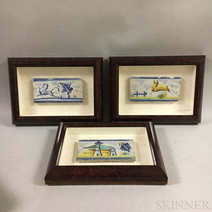 Six Framed Polychrome Pottery Tiles