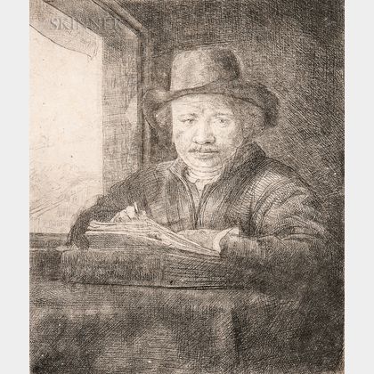Rembrandt Harmensz van Rijn (Dutch, 1606-1669) Self Portrait Drawing at a Window