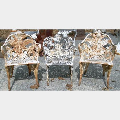 Pair of Fern Pattern Cast Iron Garden Armchairs and a Similar Armchair