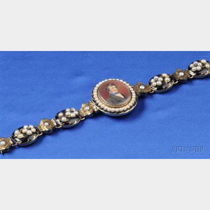 Antique 14kt Gold, Seed Pearl, Enamel, and Diamond Memorial Bracelet