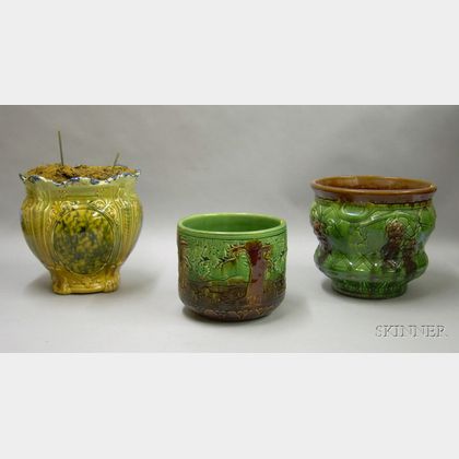 Three Majolica Glazed Art Pottery Jardinieres. Estimate $30-50