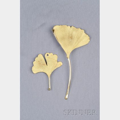 Two Artist-Designed 18kt Gold Leaf Brooches, John Iverson