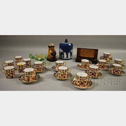 Set of Sixteen Royal Crown Derby Gilt Imari Palette Porcelain Demitasse Cups and Saucers, a Wedgwood Dark Blue Jasper Dip Biscuit Ja...