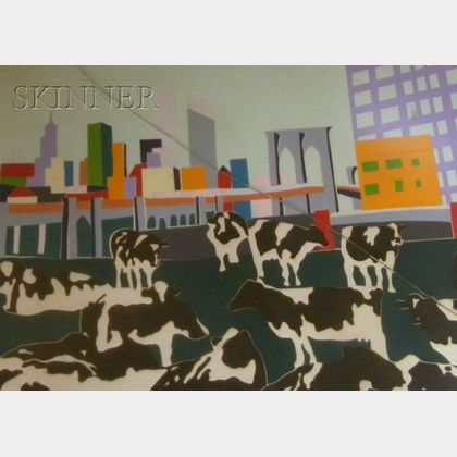 Framed Color Silkscreen Print on Paper Landscape with Cows and Manhattan Skyline in the Distance, Cows Promenade
