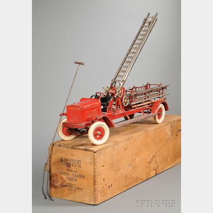 Kingsbury Aerial Ladder Toy Fire Truck with Original Box and Pull