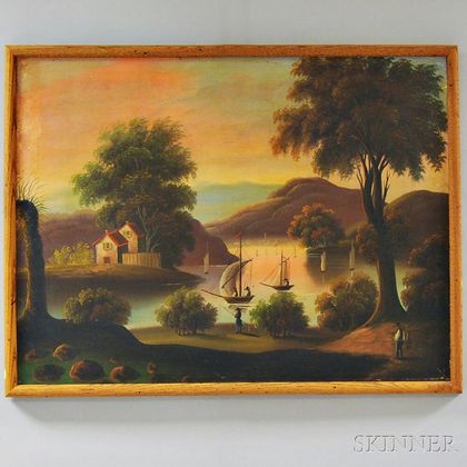 Hudson River Valley School, 19th Century River Scene with Boats and a Homestead.