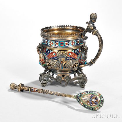 Russian .875 Silver-gilt and Champlevé-enamel Tea Glass Holder (Podstakannik) and Spoon
