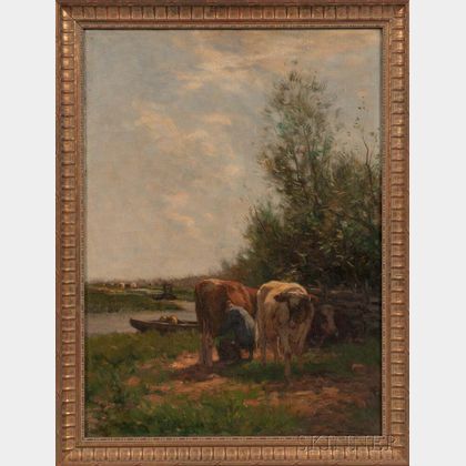 Johannes Karel Leurs (Dutch, 1865-1938) Cows Beside a Stream and Farmland