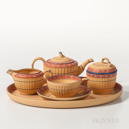 Modern Five-piece Encaustic Decorated Caneware Tea Set