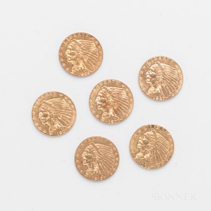 Six $2.50 Indian Head Gold Coins