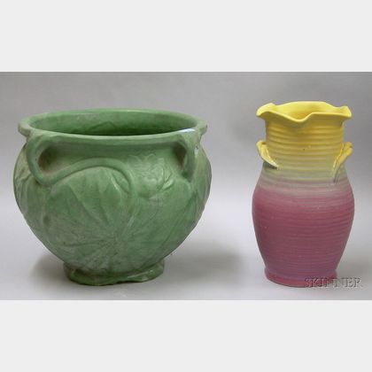 Arts & Crafts Matte Green Glazed Art Pottery Jardiniere and a Wellerware Glazed Pottery Vase