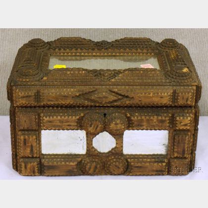 Tramp Art Notch-carved Wood and Mirrored Glass Paneled Lidded Box