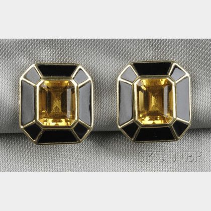 14kt Gold, Citrine, and Onyx Earclips